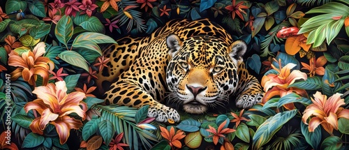 Majestic Leopard Resting in Vibrant Tropical Foliage Wildlife Art