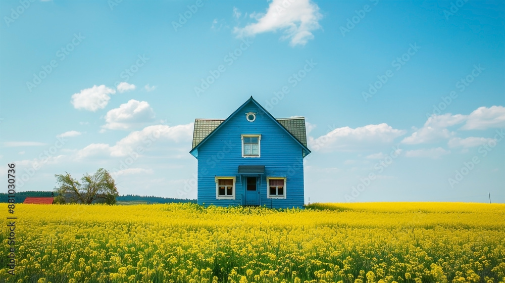 Blue color Wooden farmhouse in the yellow flower field with clouds in the sky Blue color Wooden farmhouse in the yellow flower field with clouds in the sky