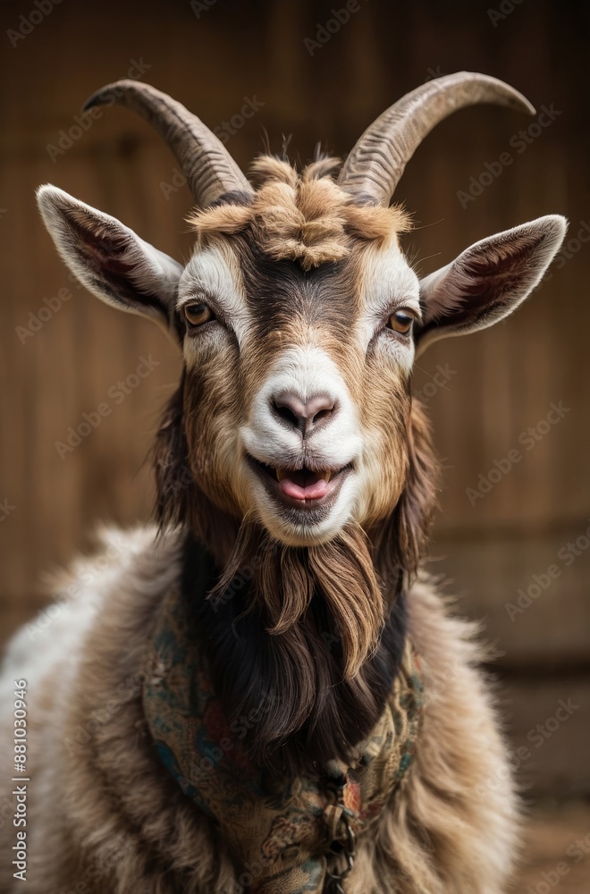 Portrait of smiling brown and white goat with scarf Portrait of smiling brown and white goat with scarf