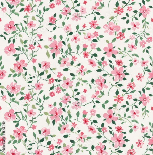 Wallpaper Mural watercolour, pink and red flowers on a white background, green leaves, a small floral pattern Torontodigital.ca