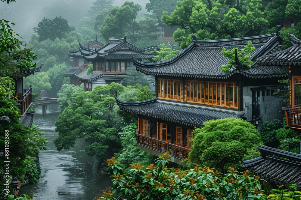 Serene Traditional Chinese Architecture Amidst Lush Greenery and Misty River Serene Traditional Chinese Architecture Amidst Lush Greenery and Misty River