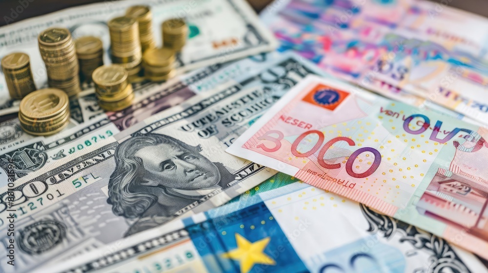 Financial insights background with a detailed stock chart, diverse banknotes, currency rates, and economic data, [stock chart, banknotes, currency], [market insights]