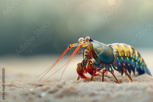 Closeup of a peacock mantis shrimp on sand photo