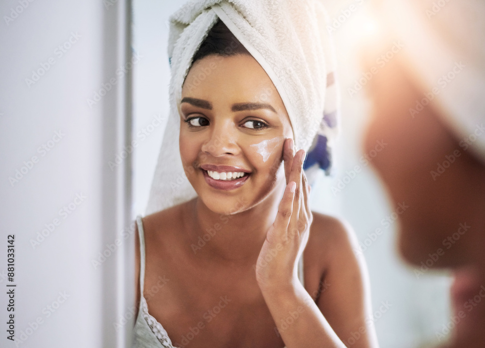 Mirror, bathroom and woman with shine, cream and dermatology with morning routine, smile and beauty. Home, reflection and person with towel, grooming and cosmetics with skincare, wellness and lotion Mirror, bathroom and woman with shine, cream and dermatology with morning routine, smile and beauty. Home, reflection and person with towel, grooming and cosmetics with skincare, wellness and lotion