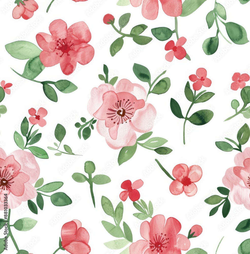 watercolour, pink and red flowers on a white background, green leaves, a small floral pattern watercolour, pink and red flowers on a white background, green leaves, a small floral pattern