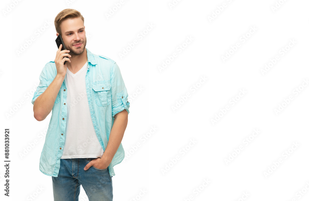 Man speak on smartphone isolated on white. Millennial man has phone conversation. Voice contact. Man talk on smartphone. Phone call. Mobile communication. Communication. Copy space Man speak on smartphone isolated on white. Millennial man has phone conversation. Voice contact. Man talk on smartphone. Phone call. Mobile communication. Communication. Copy space