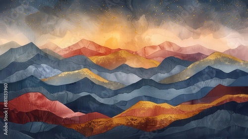 An abstract watercolor painting depicting layers of mountains in shades of gold