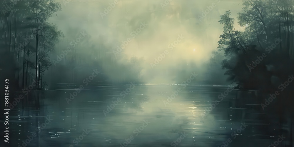 An atmospheric depiction of a secluded lake surrounded by dense fog and trees An atmospheric depiction of a secluded lake surrounded by dense fog and trees