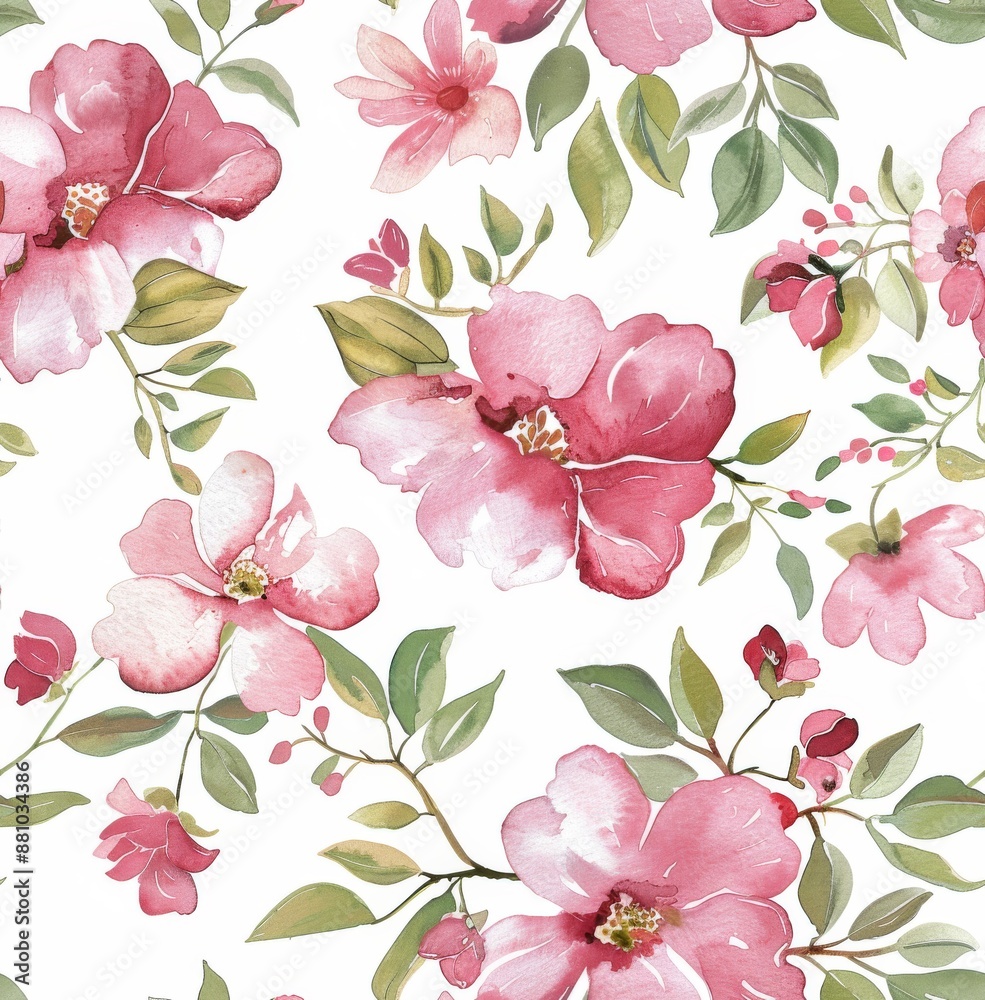 watercolour, pink and red flowers on a white background, green leaves, a small floral pattern