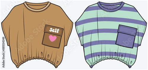 DOLMAN SLEEVES STRIPE KNIT TOP WITH ELASTICATED WAIST AND FLAP POCKET DETAIL DESIGNED FOR TEEN AND KID GIRLS IN VECTOR FILE