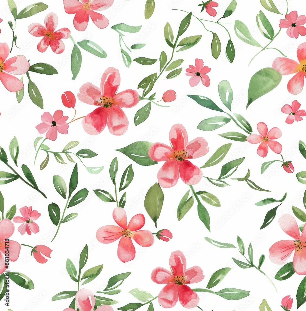 watercolour, pink and red flowers on a white background, green leaves, a small floral pattern watercolour, pink and red flowers on a white background, green leaves, a small floral pattern