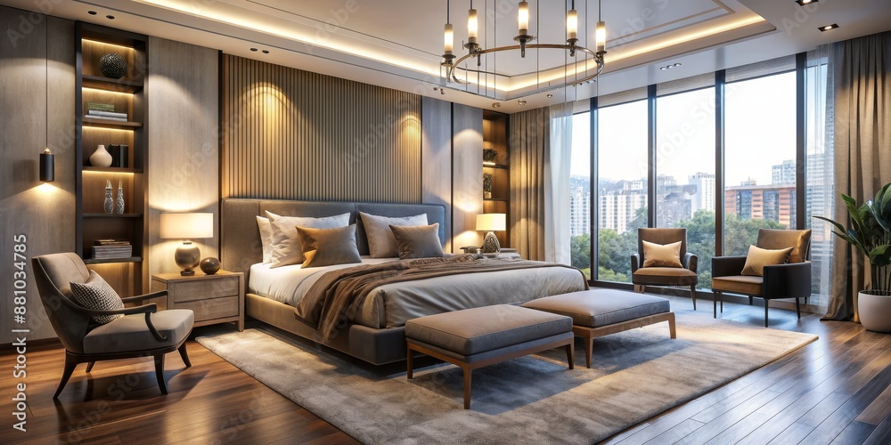 Modern Bedroom Interior Design with City View, Chandelier, Wooden Floor, and Plush Furnishings, bedroom, interior design, city view Modern Bedroom Interior Design with City View, Chandelier, Wooden Floor, and Plush Furnishings, bedroom, interior design, city view