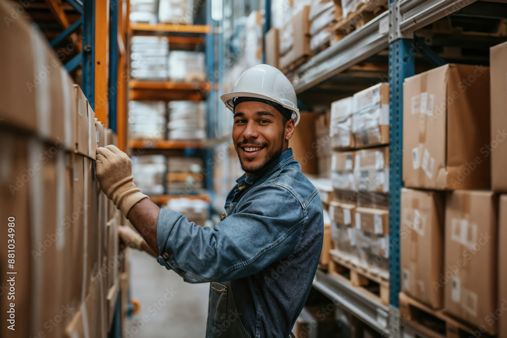 Warehouse worker checking inventory and smiling at logistics center
