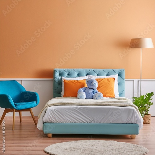 Modern kids bedroom with cozy bed and soft toys, wall mock up orange children room with blue armchair, 3d rendering 
