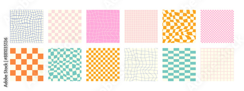 Set of funky groovy backgrounds vector design. Cool abstract colorful patterns. Y2K aesthetic, flat design, 1970 trippy grid, wavy swirl poster collection in bright colors.