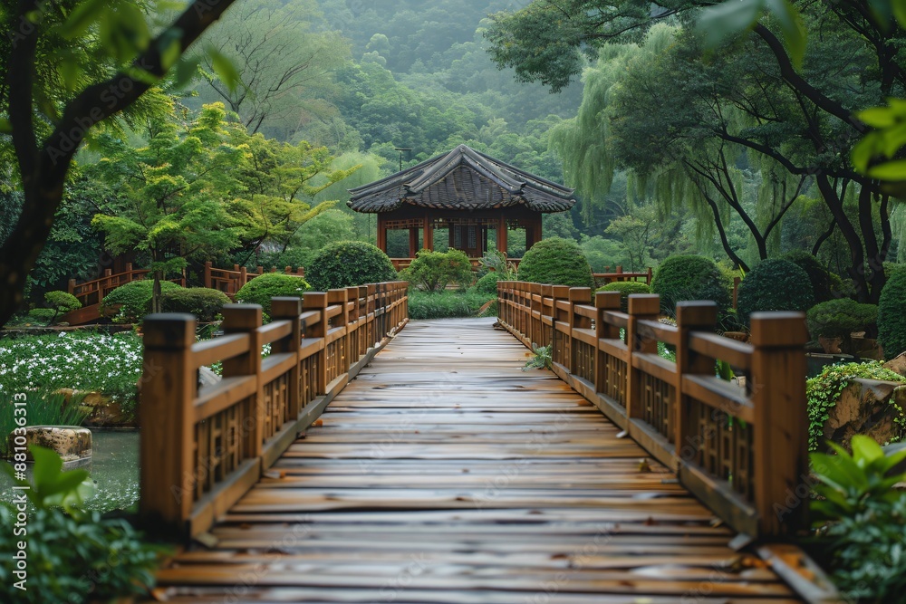Serene Pathway Leading to a Traditional Asian Pavilion in a Lush Garden