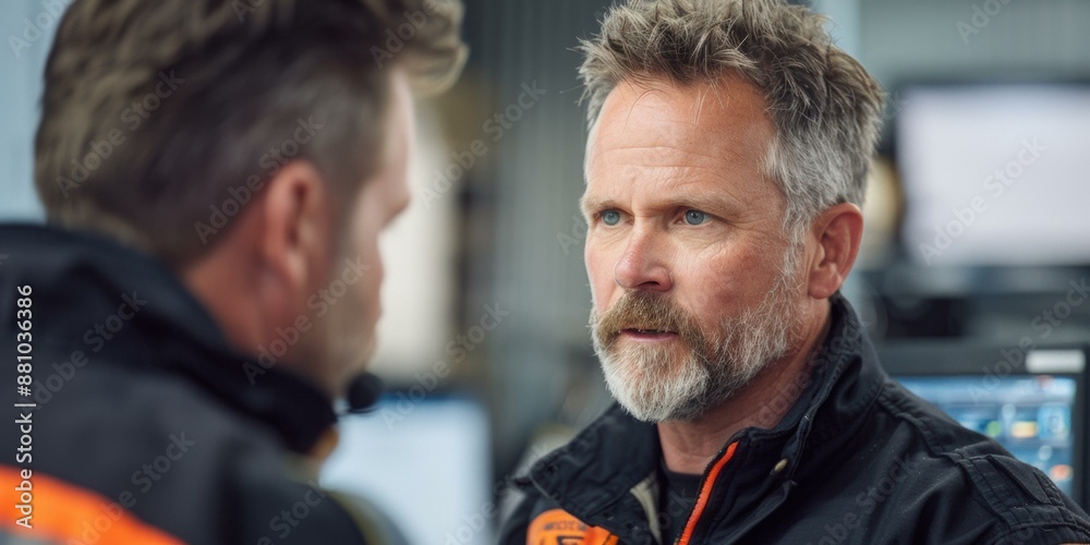 Portrait of a man in a black jacket looking at another person. AI. Portrait of a man in a black jacket looking at another person. AI.