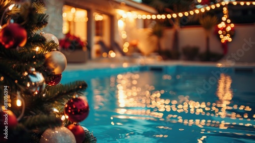 Christmas decorations with a pool backdrop photo