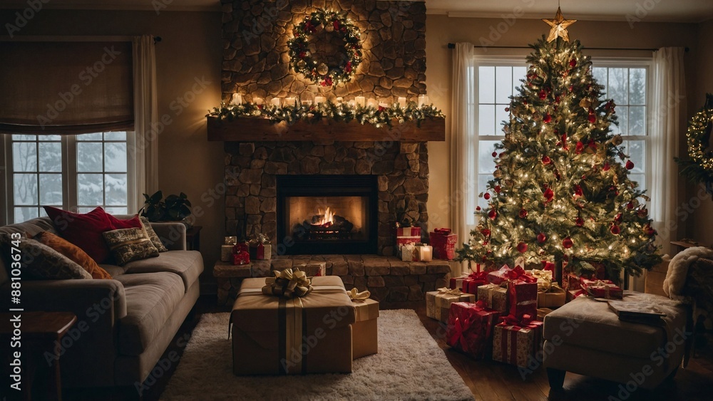 A cozy living room decorated with a Christmas tree, presents, and stockings hanging by the fireplace. A cozy living room decorated with a Christmas tree, presents, and stockings hanging by the fireplace.