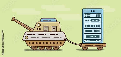 Mini cannon tank carrying a modern data server for safety with security, flat illustration