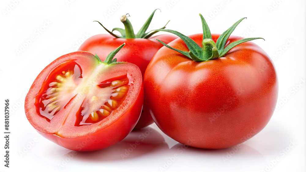 Three red ripe tomatoes, one sliced in half, arranged on a white background Three red ripe tomatoes, one sliced in half, arranged on a white background