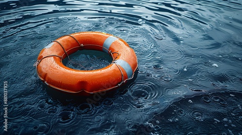 Orange Lifebuoy Floating on Rainy Water Surface