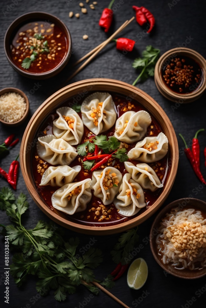 A bamboo steamer with a bowl of delicious chinese dumplings A bamboo steamer with a bowl of delicious chinese dumplings