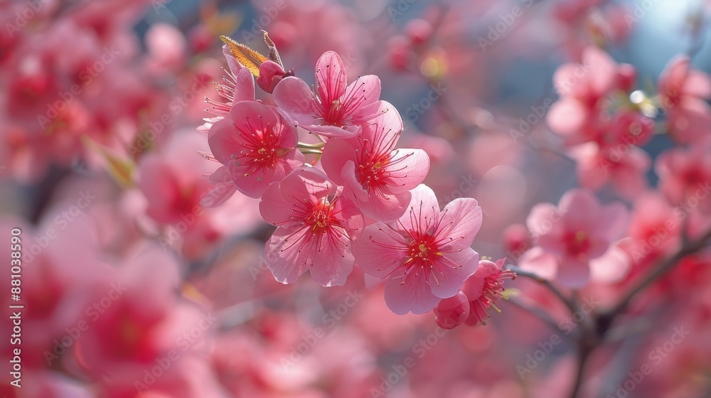 Spring cherry blossom, pink flowers in full bloom, tranquil park, gentle breeze, blue sky, sunlight filtering through branches Spring cherry blossom, pink flowers in full bloom, tranquil park, gentle breeze, blue sky, sunlight filtering through branches