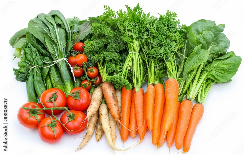 variety of fresh vegetables, including carrots and tomatoes, arranged neatly on white background variety of fresh vegetables, including carrots and tomatoes, arranged neatly on white background