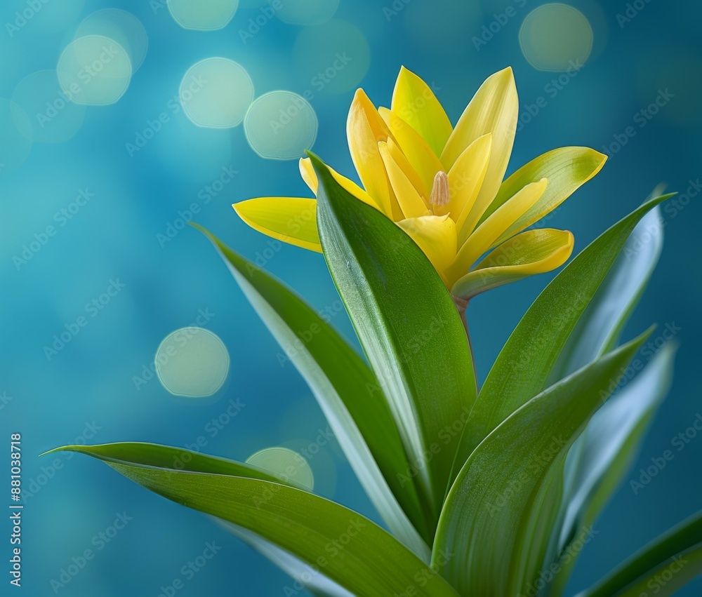 Obraz premium Yellow flower in front of blue background. AI.