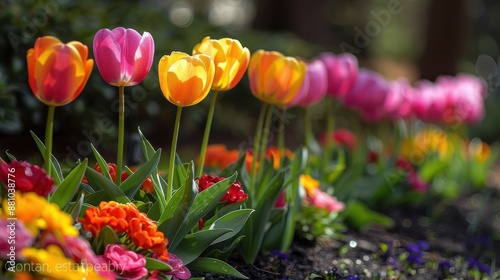 Spring garden, tulips and daffodils in bloom, neat flower beds, vibrant colors, gentle sunlight, fresh and inviting photo