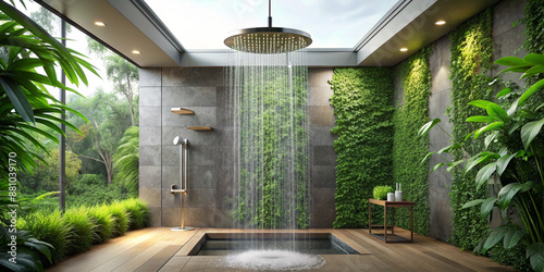 Luxury eco-friendly shower featuring ceiling-mounted rain shower head in modern bathroom with lush greenery