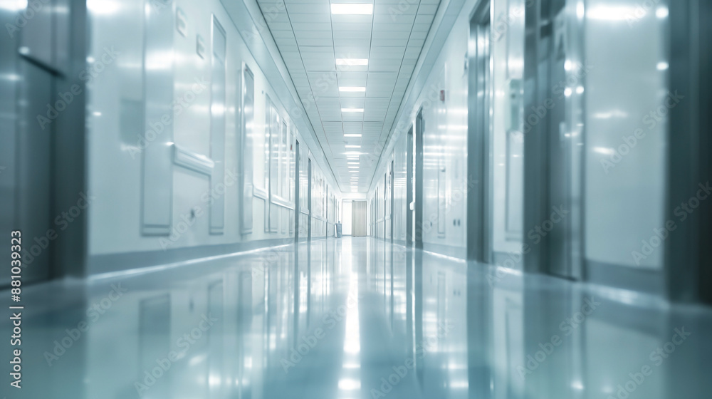 a hospital corridor bustling with activity, where the focus gently shifts to the background