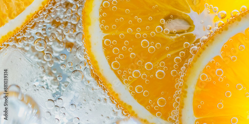 Vibrant close-up of fresh orange slices in a sparkling water. Concept: freshness, citrus, summer vibe. photo