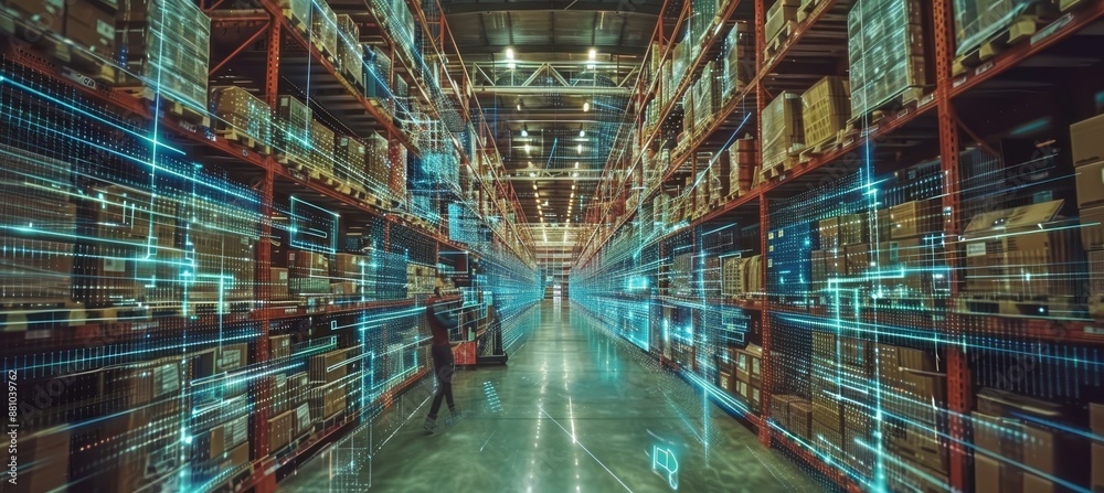 Smart warehouse management system using augmented reality technology to identify package picking and delivery . Future concept of supply chain and logistic business Smart warehouse management system using augmented reality technology to identify package picking and delivery . Future concept of supply chain and logistic business