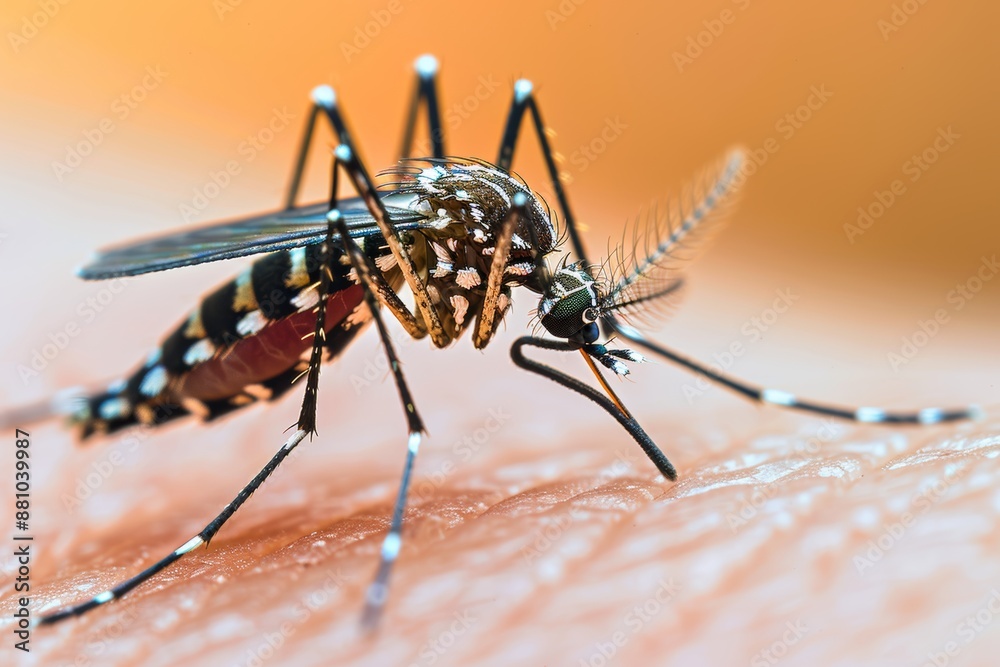 Detailed macro shot of a mosquito feeding on human skin, highlighting the insects intricate features and red filled abdomen. The background shows the texture of the skin with fine hairs. Detailed macro shot of a mosquito feeding on human skin, highlighting the insects intricate features and red filled abdomen. The background shows the texture of the skin with fine hairs.