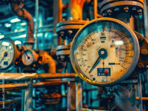 Close-up of an industrial pressure gauge. AI.