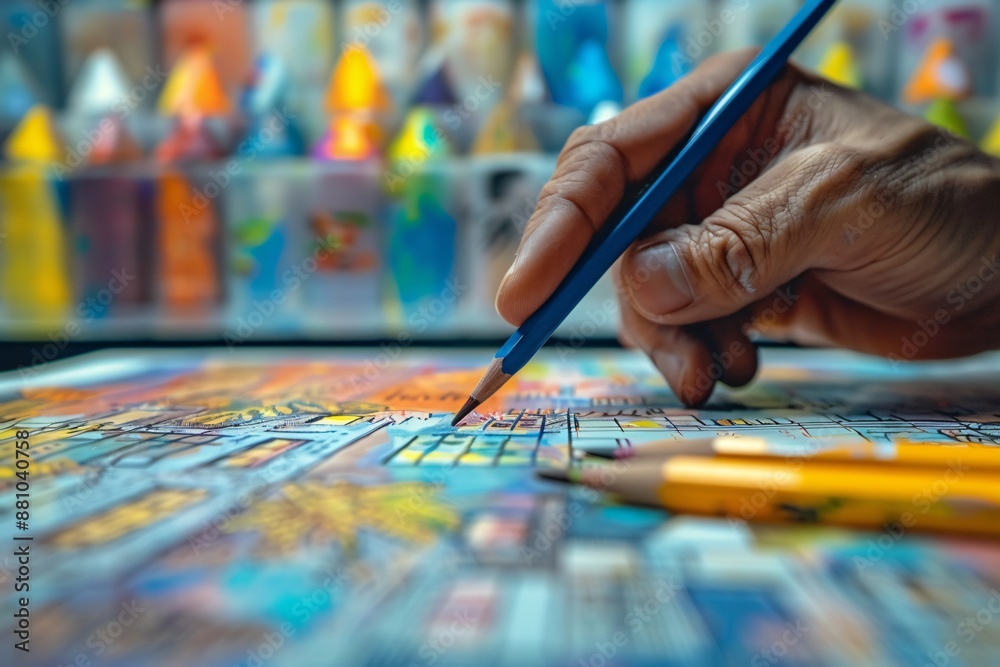 Artist's Hand Creating a Colorful Masterpiece with Pencils Artist's Hand Creating a Colorful Masterpiece with Pencils