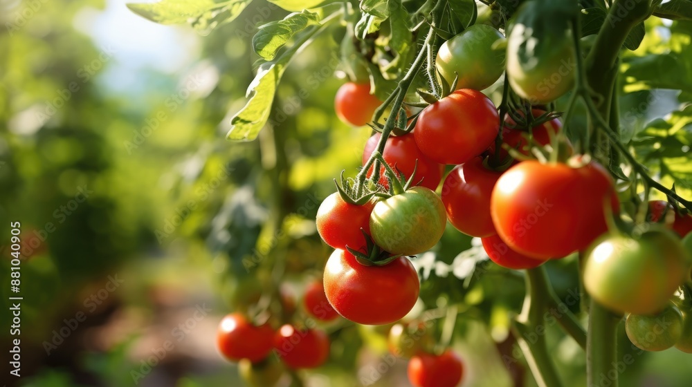 Bunch of ripe and raw tomatoes hanging on the tree in the tomato field. Tomato farming, hybrid tomato cultivation background. Red and green tomatoes. Copy space for text. Generative AI Bunch of ripe and raw tomatoes hanging on the tree in the tomato field. Tomato farming, hybrid tomato cultivation background. Red and green tomatoes. Copy space for text. Generative AI