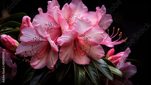 Closeup of a beautiful pink rhododendron flower isolated on dark background. Scientific name is Rhododendron subgenus Hymenanthes. Generative AI photo