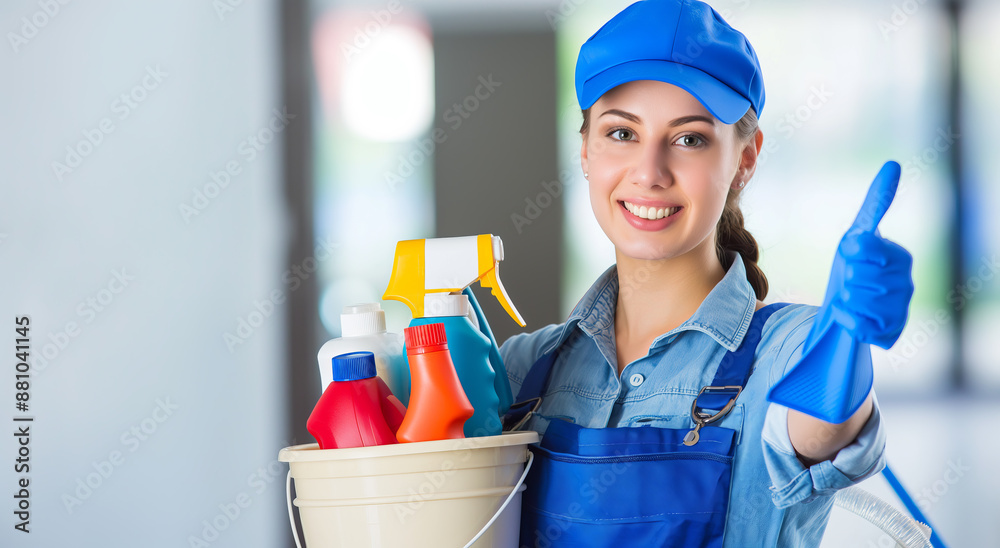 Young beautiful cleaning lady holding cleaning products in a bucket. Home or office cleaning concept Young beautiful cleaning lady holding cleaning products in a bucket. Home or office cleaning concept