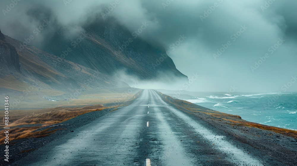 Misty Coastal Road Leading to Majestic Mountains Misty Coastal Road Leading to Majestic Mountains