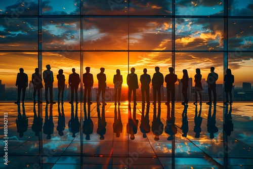 Silhouetted Group of People Watching a Stunning Sunset Through a Glass Wall