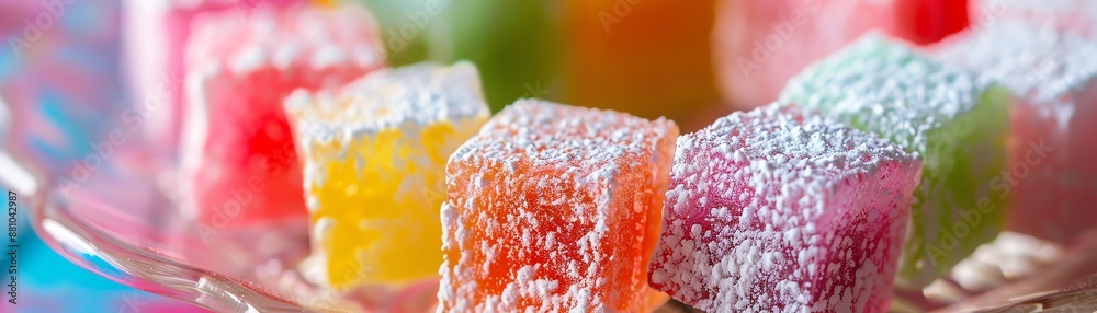 Fototapeta premium A closeup of a Turkish delight, showing its vibrant, colorful cubes dusted with powdered sugar, arranged on a stylish plate with a vibrant backdrop