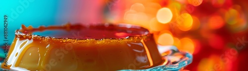 A closeup of a Spanish flan, showing its smooth, carameltopped surface, served in a traditional glass dish against a vibrant, colorful background photo