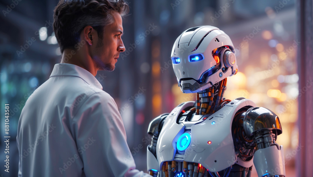 A scientist with a humanoid robot A scientist with a humanoid robot