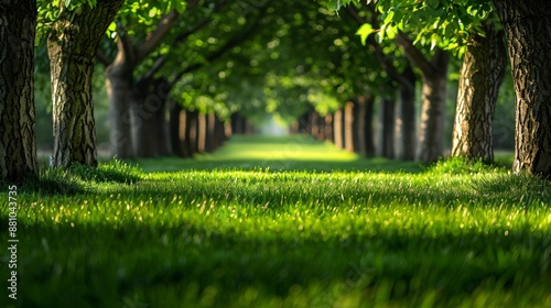 Serene Tree-Lined Pathway with Lush Green Grass