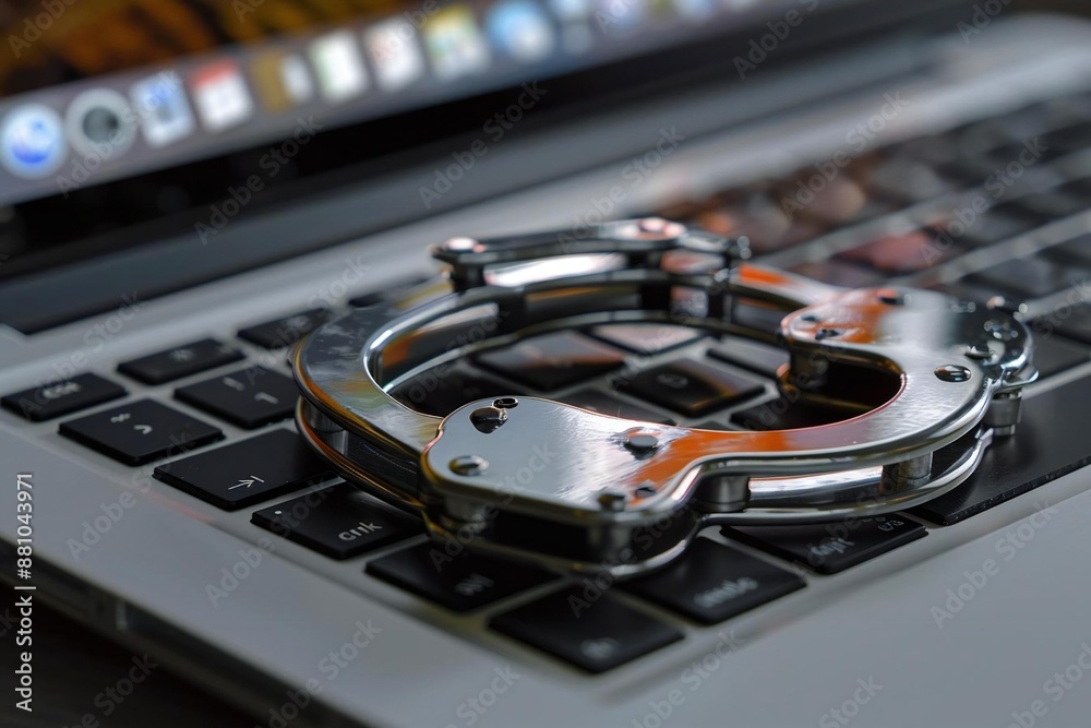 Close-up shot of handcuffs resting on a laptop keypad, symbolizing cybercrime and the need for security online. Close-up shot of handcuffs resting on a laptop keypad, symbolizing cybercrime and the need for security online.