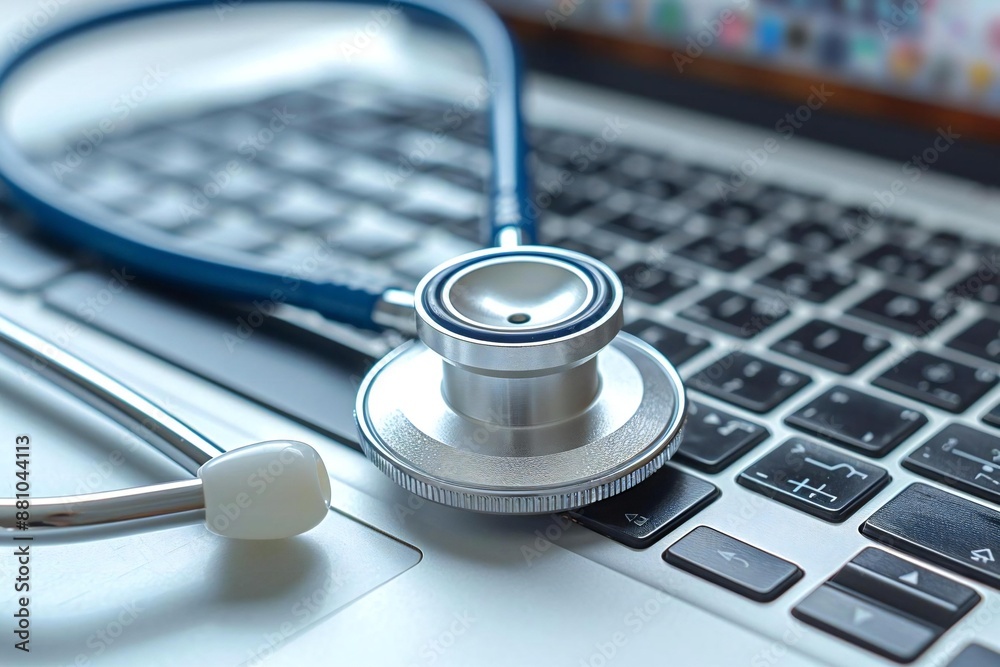 close-up photo of a medical stethoscope placed over a laptop keyboard on a desk, symbolizing the intersection of technology and healthcare. close-up photo of a medical stethoscope placed over a laptop keyboard on a desk, symbolizing the intersection of technology and healthcare.