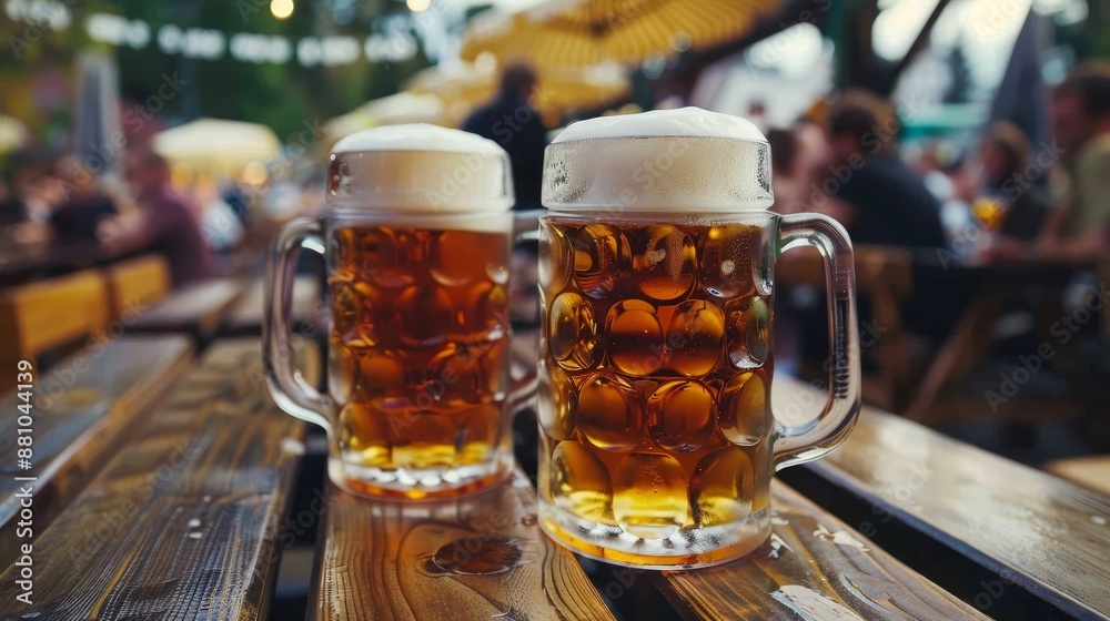 Two mugs of beer on a wooden table with people sitting around it Two mugs of beer on a wooden table with people sitting around it